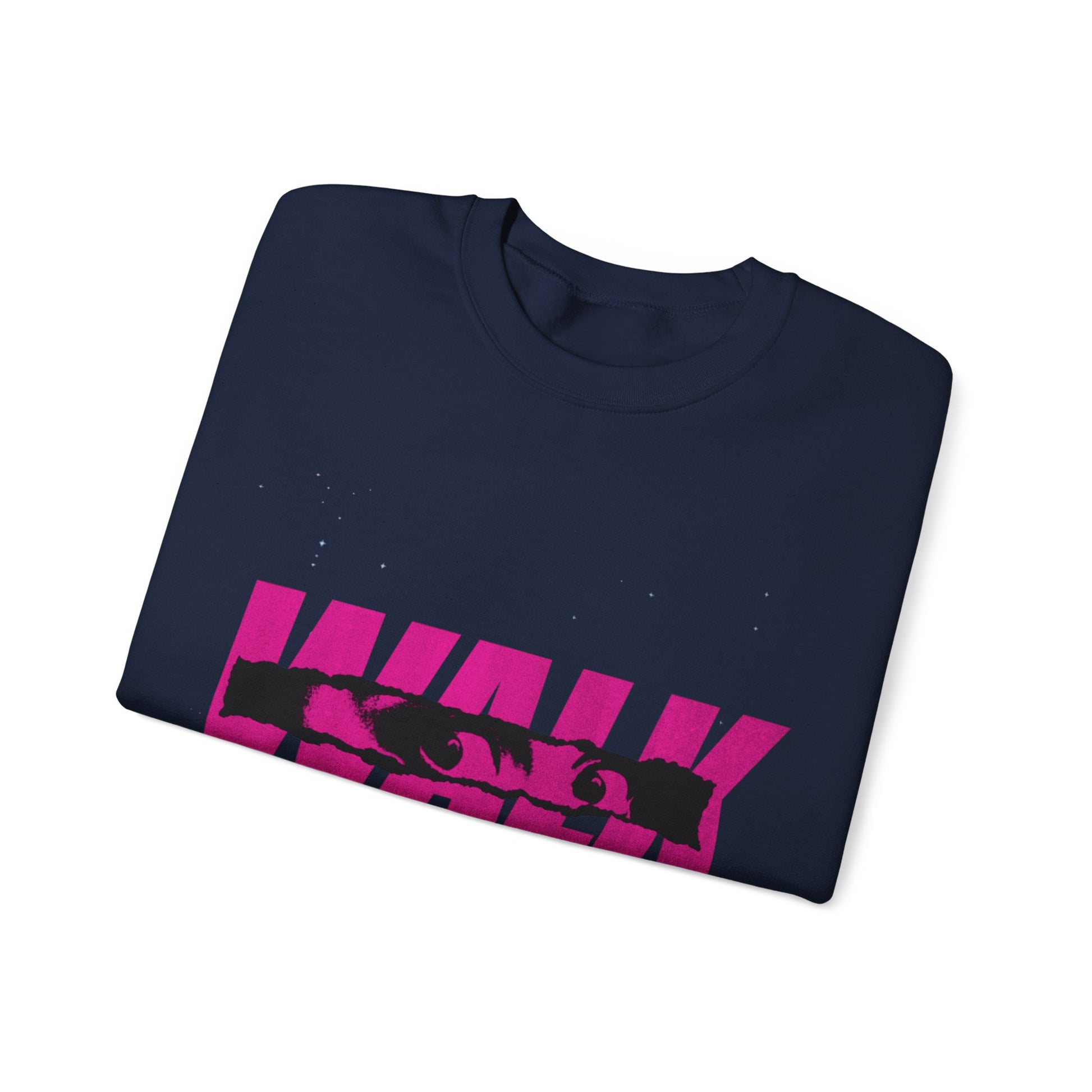 Folded navy blue t-shirt with pink and black design on a white background