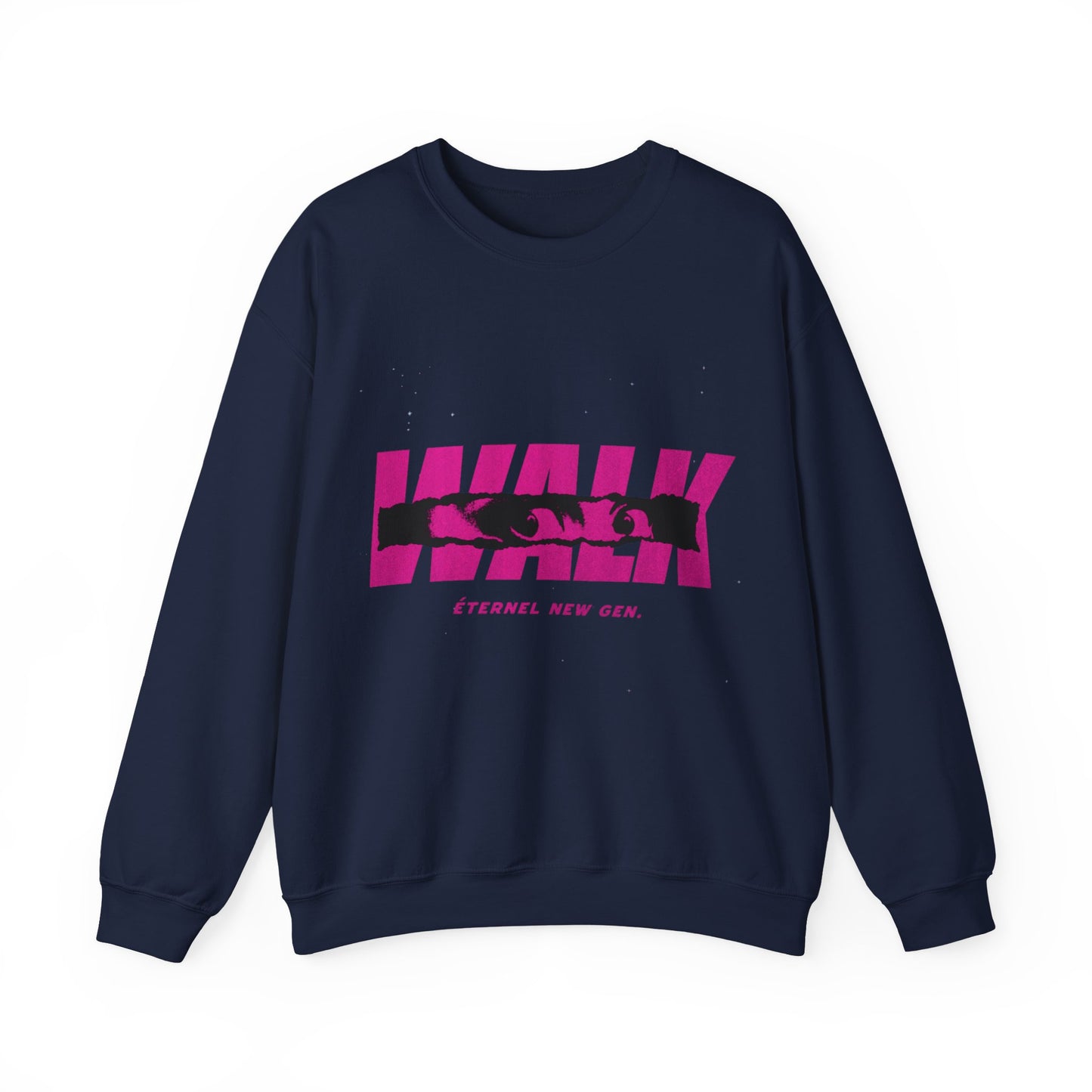 Navy blue sweatshirt with pink and black graphic design on a white background