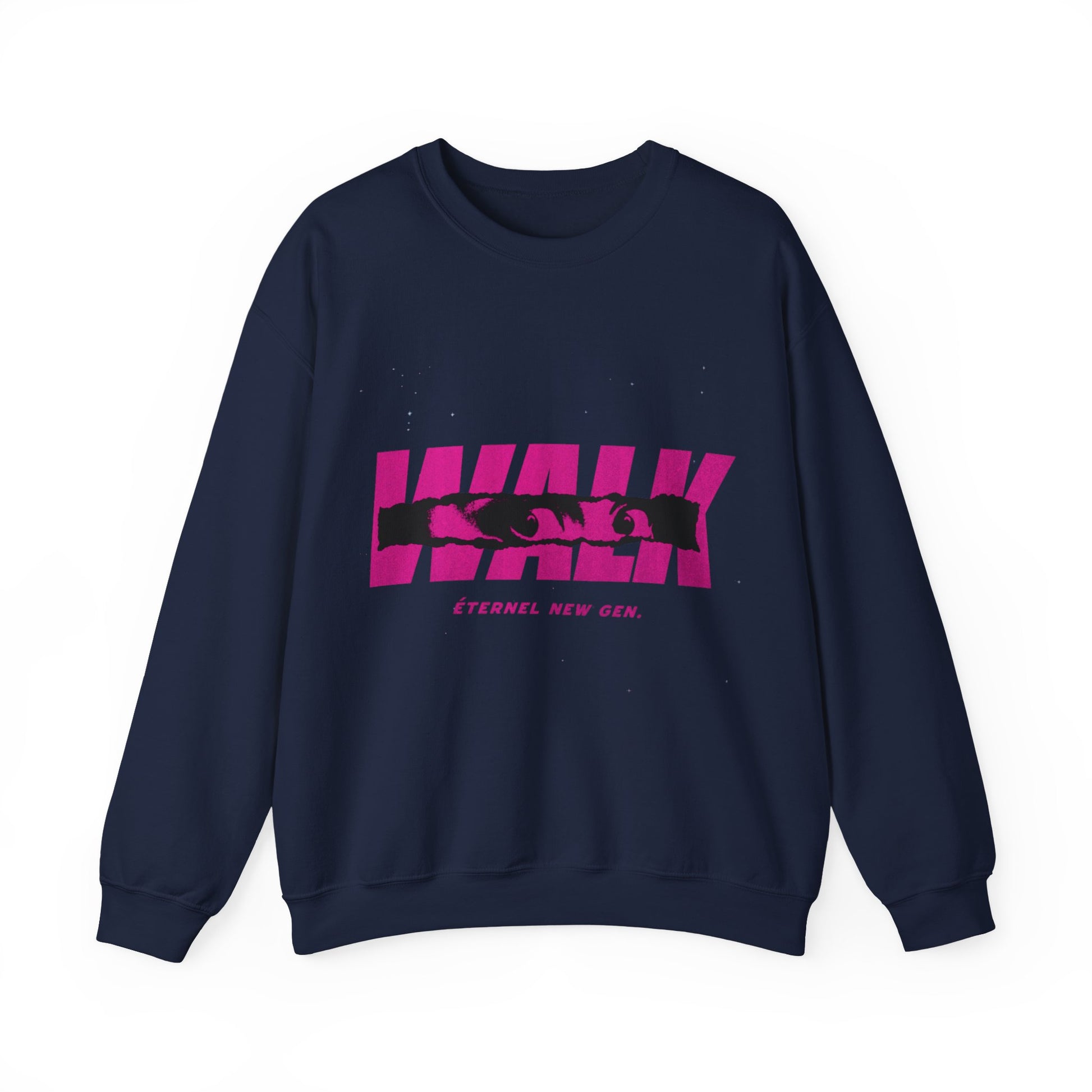Navy blue sweatshirt with pink and black graphic design on a white background