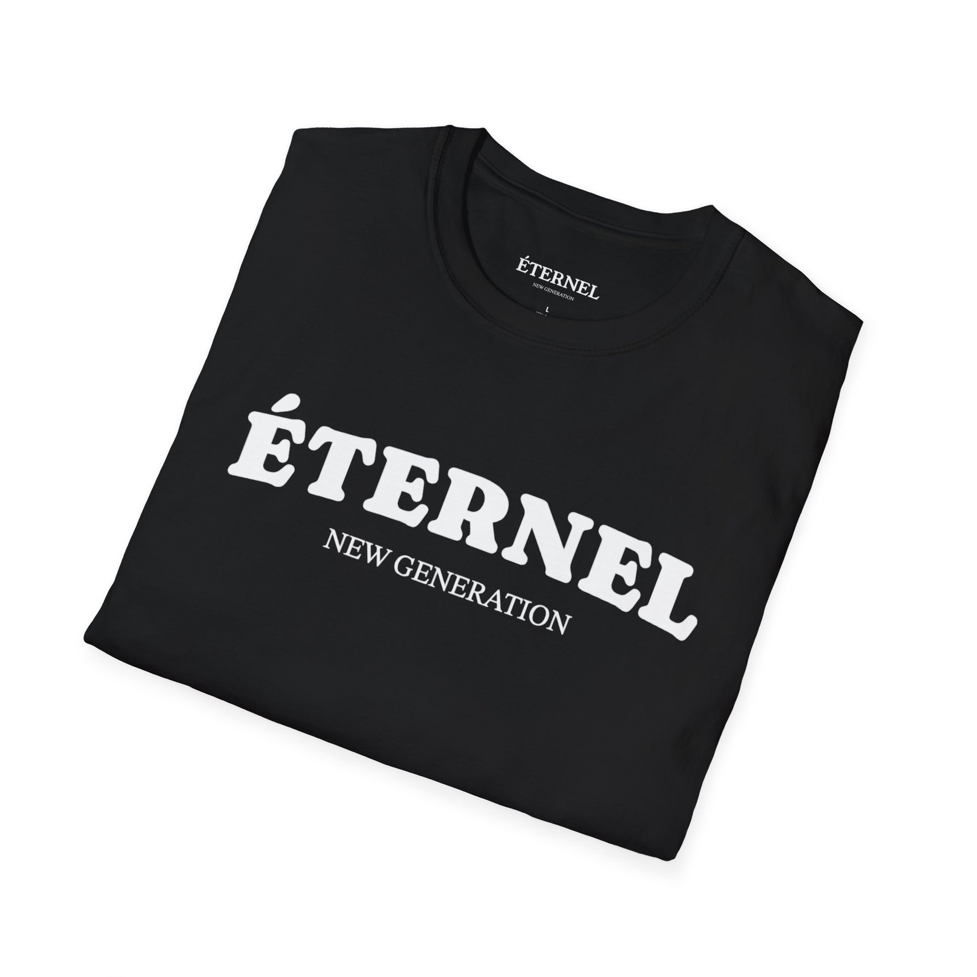 Folded black sweatshirt with 'ÉTERNEL NEW GENERATION' text on a white background