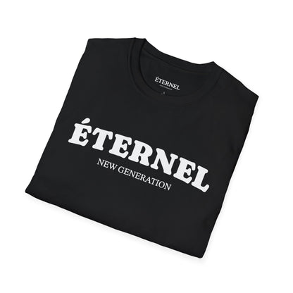 Folded black sweatshirt with 'ÉTERNEL NEW GENERATION' text on a white background
