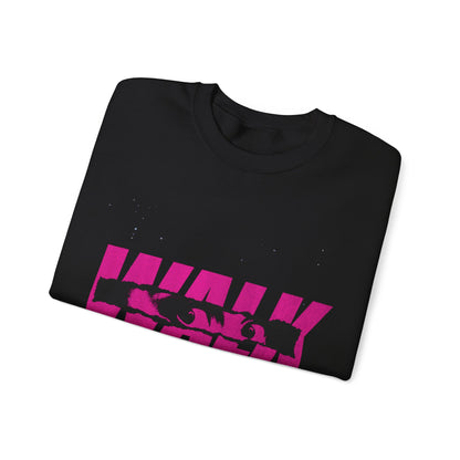Folded black sweatshirt with pink and white graphic design on a white background