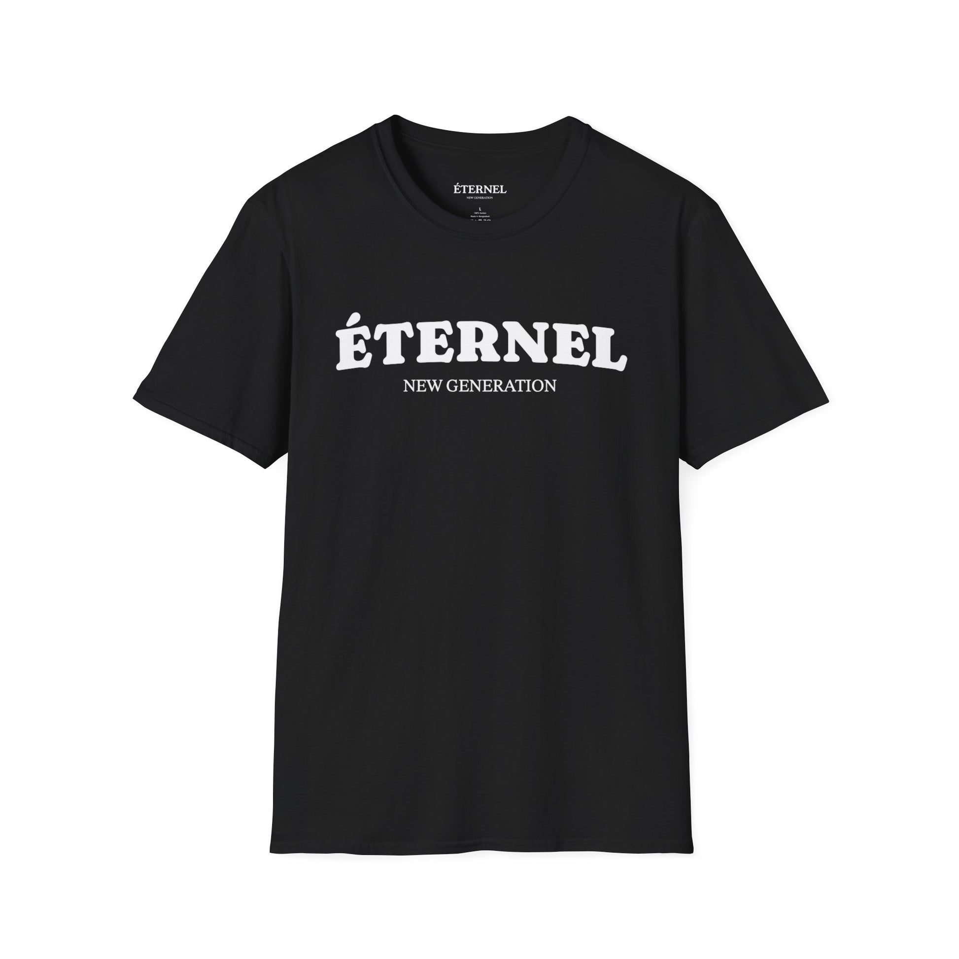 Black t-shirt with 'ÉTERNEL NEW GENERATION' text on a white background