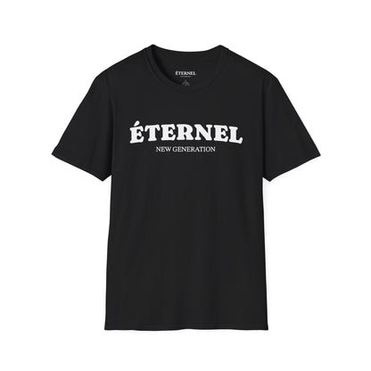Black t-shirt with 'ÉTERNEL NEW GENERATION' text on a white background