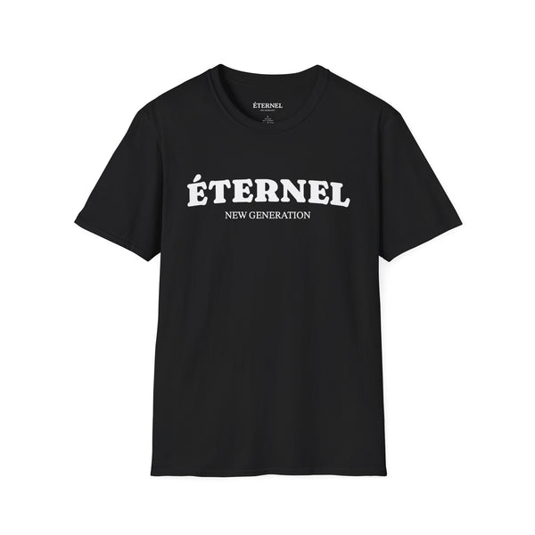 Black t-shirt with 'ÉTERNEL NEW GENERATION' text on a white background