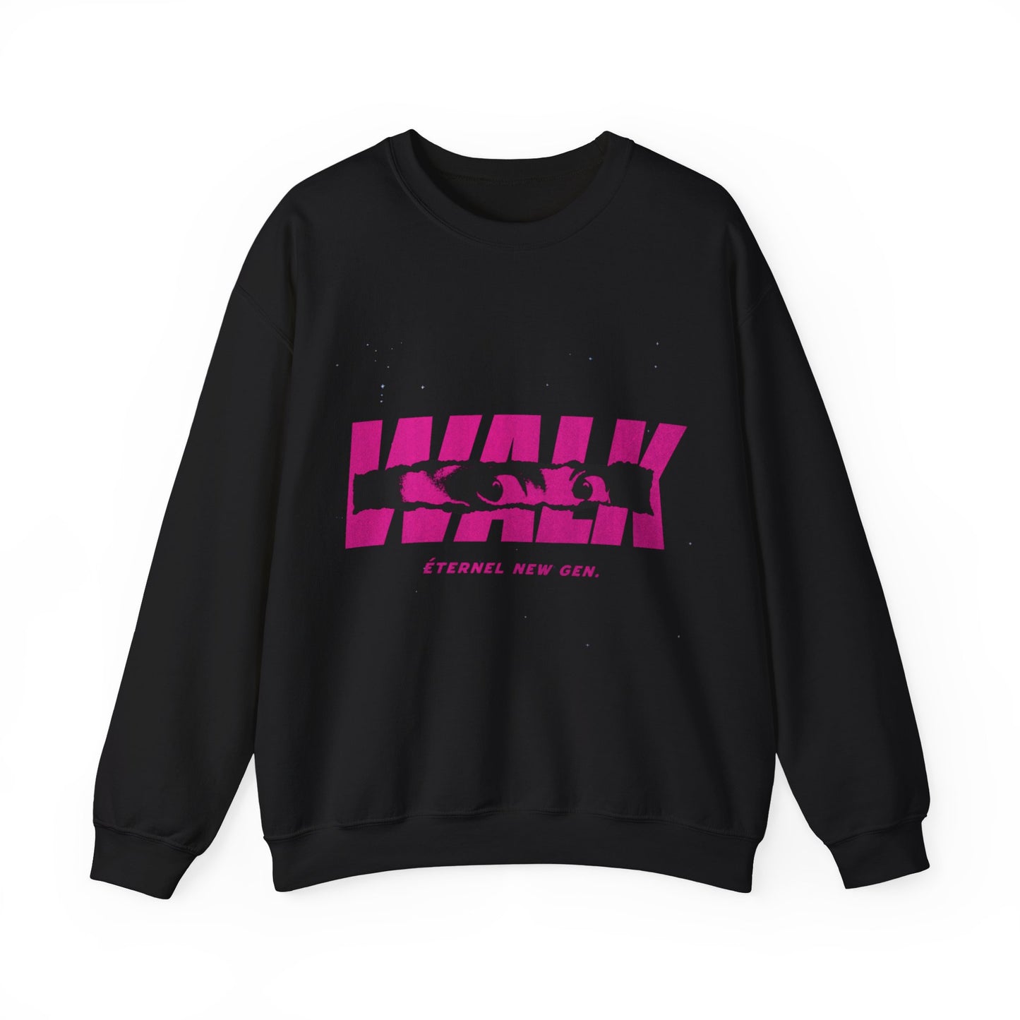 Black sweatshirt with pink graphic design on a white background