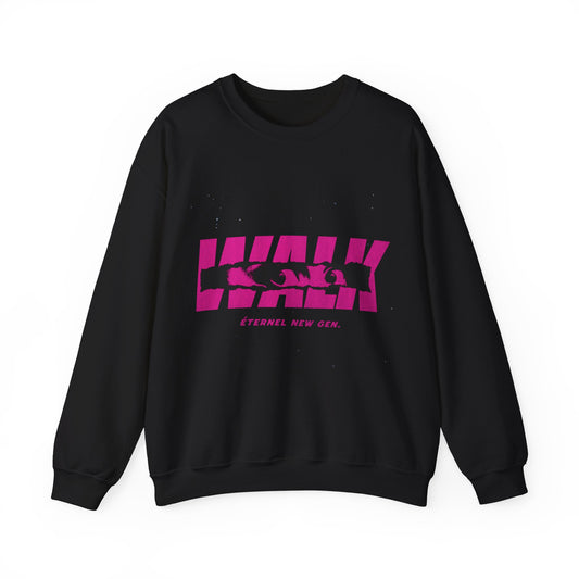 Black sweatshirt with pink graphic design on a white background