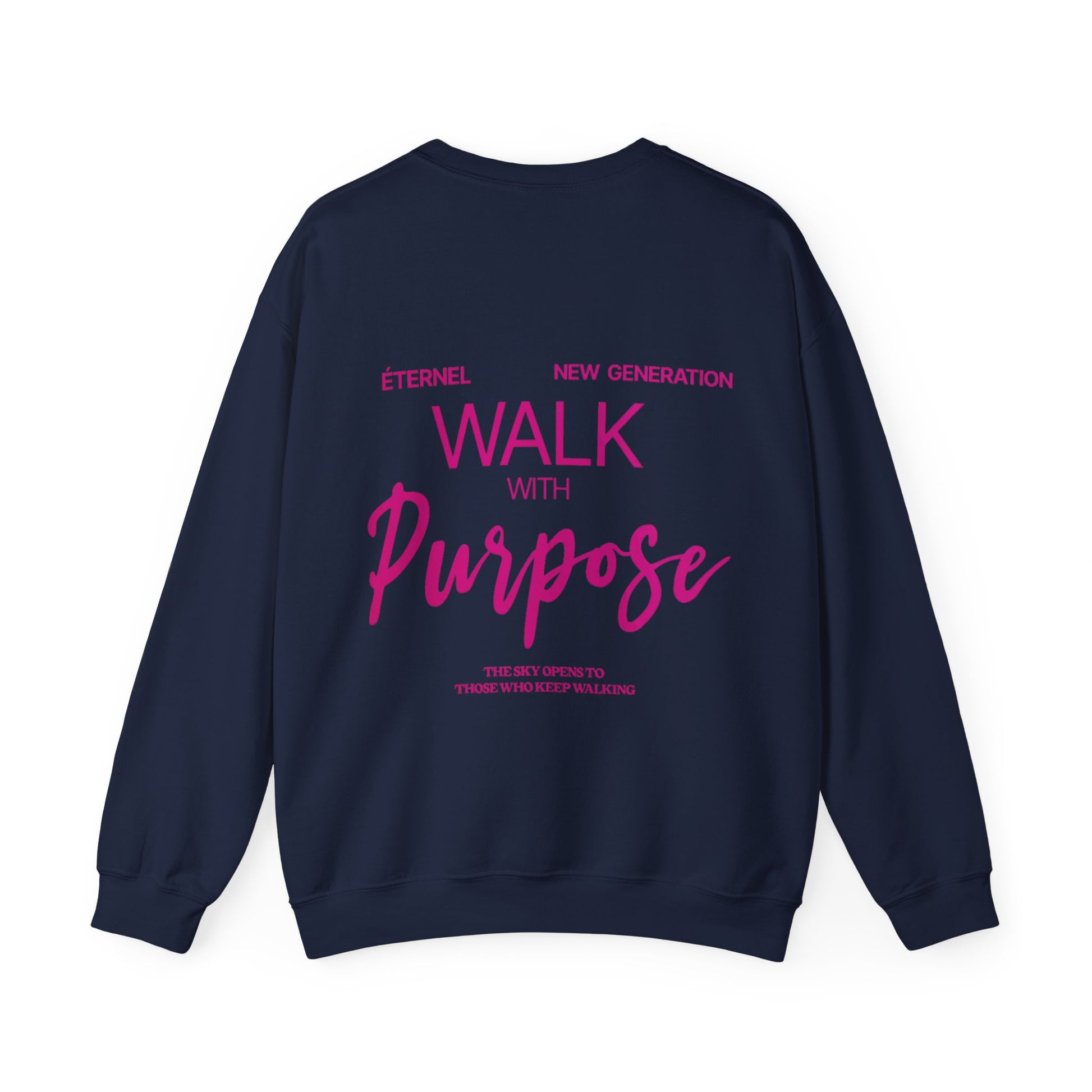 Navy blue sweatshirt with pink text on a white background