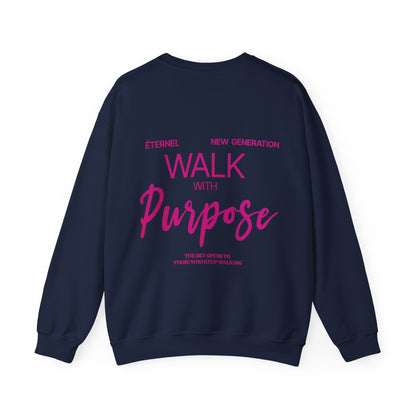 Navy blue sweatshirt with pink text on a white background
