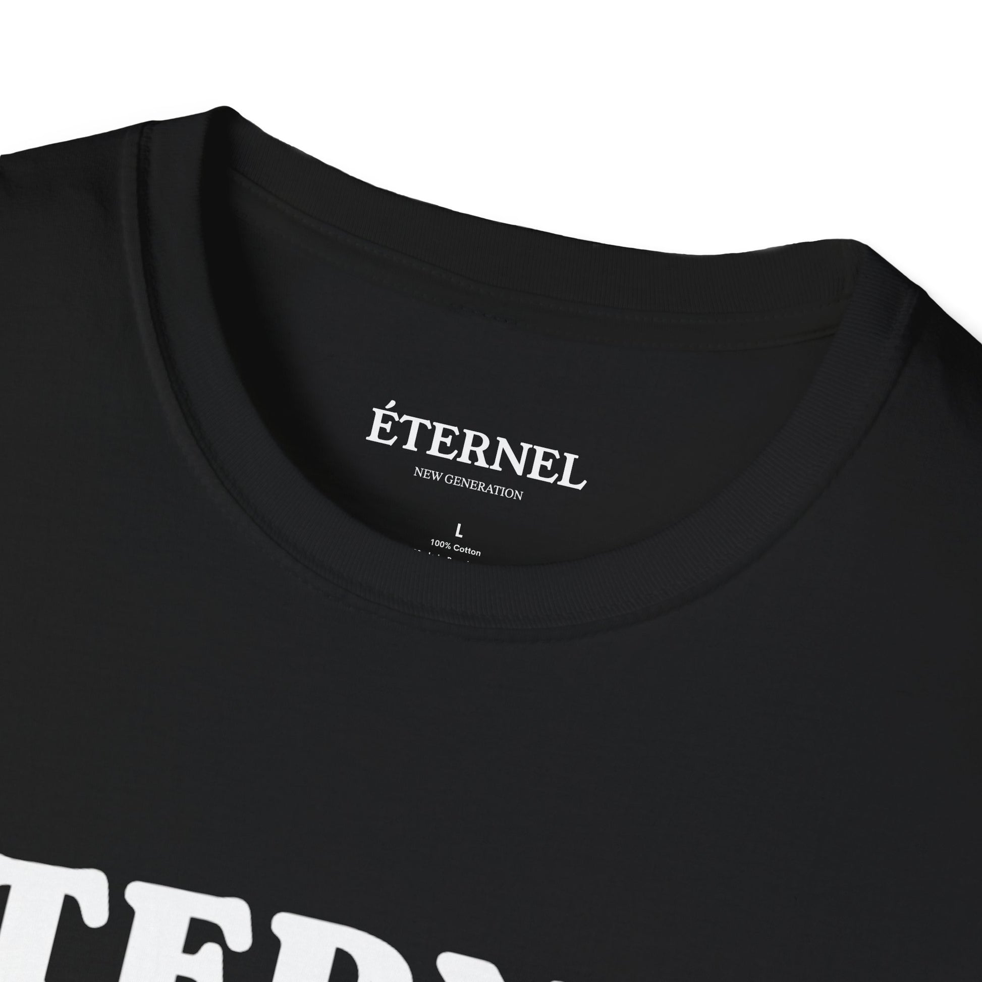 Black t-shirt with 'ÉTERNEL' branding on a white background