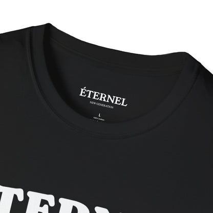 Black t-shirt with 'ÉTERNEL' branding on a white background
