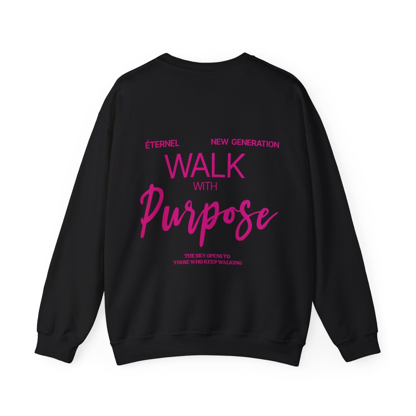Black sweatshirt with pink walk with purpose text on a white background