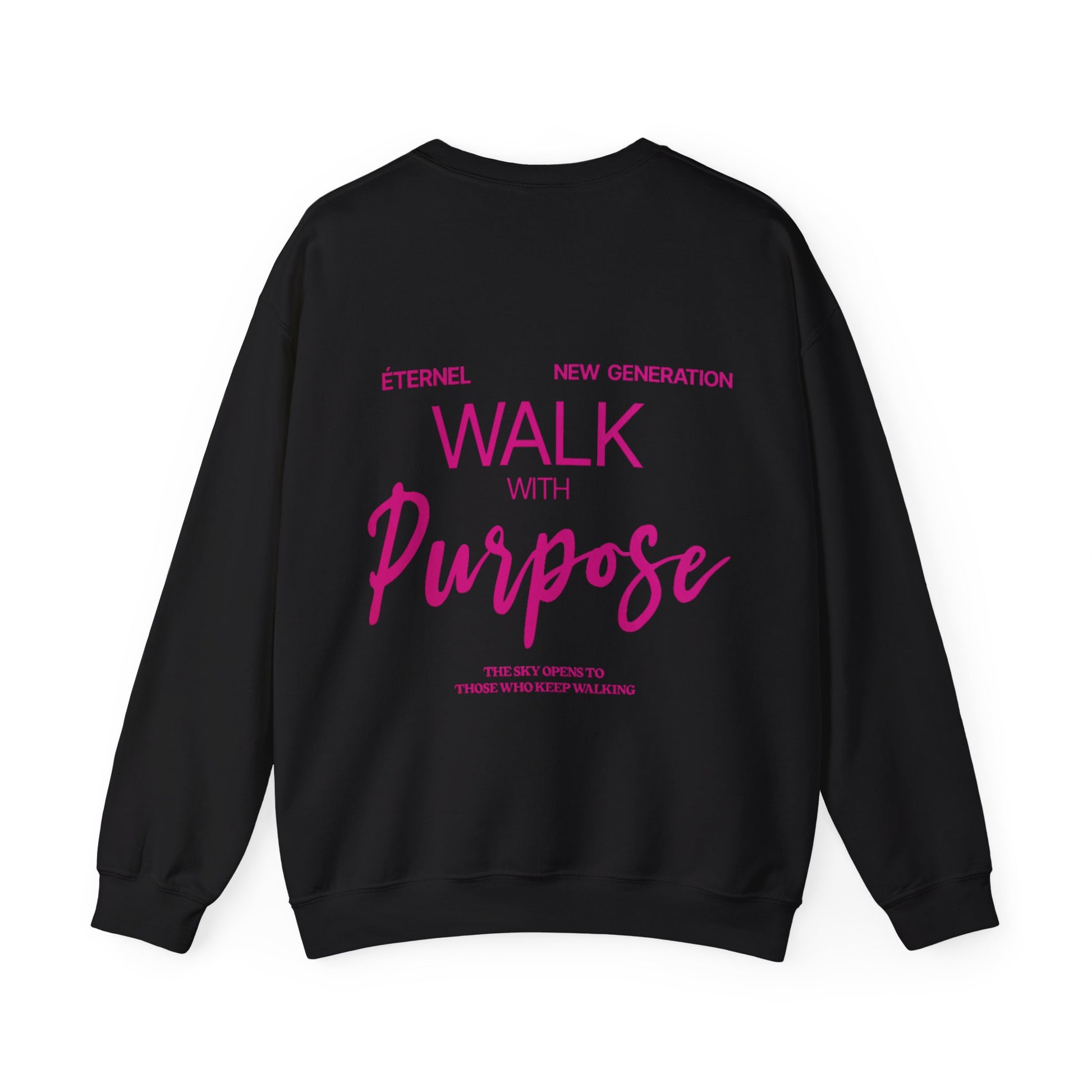 Black sweatshirt with pink walk with purpose text on a white background