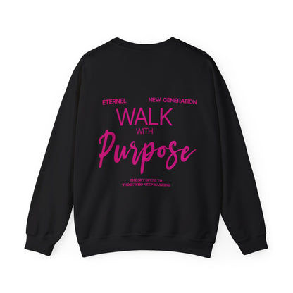Black sweatshirt with pink walk with purpose text on a white background