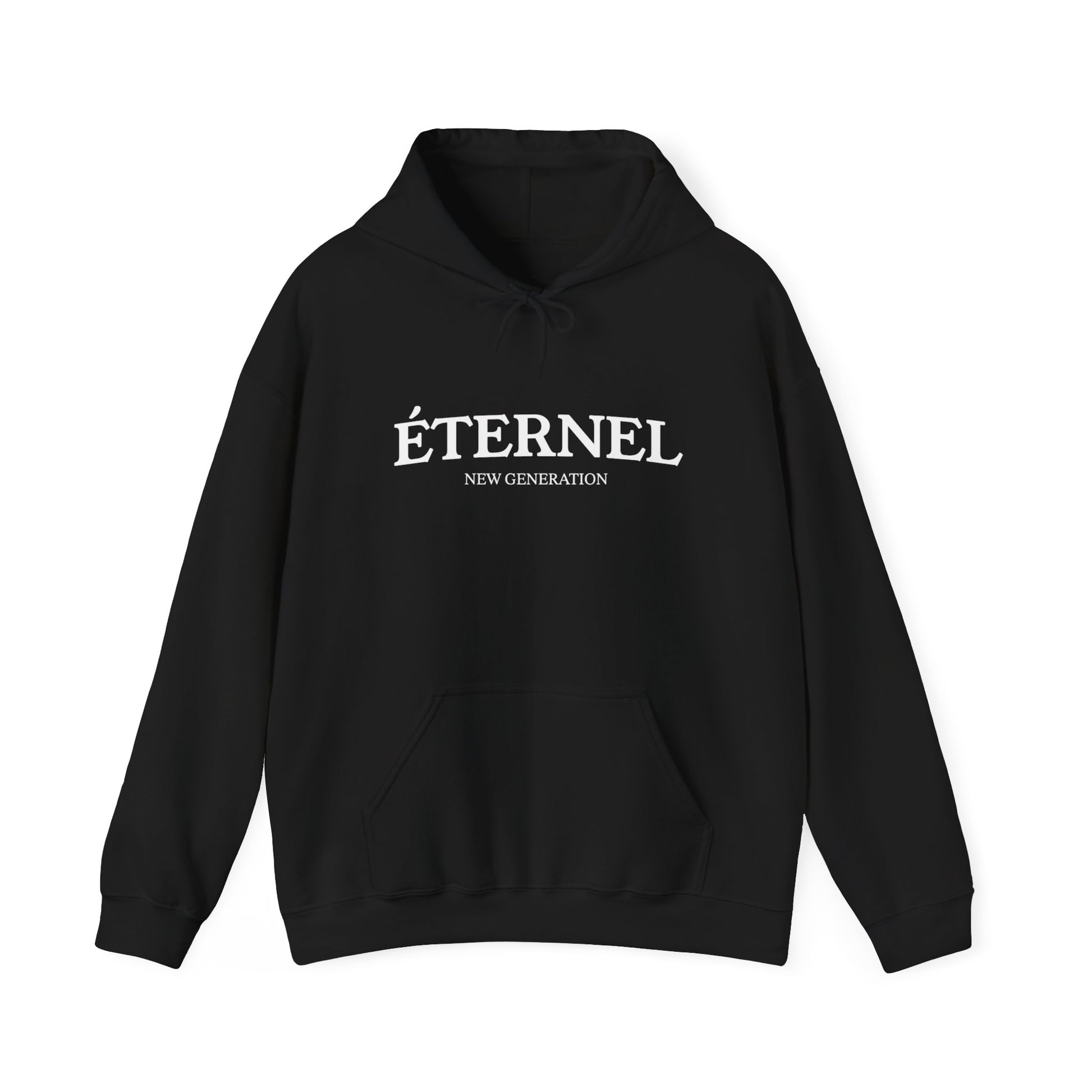 Black hoodie with 'ÉTERNEL NEW GENERATION' text on a white background